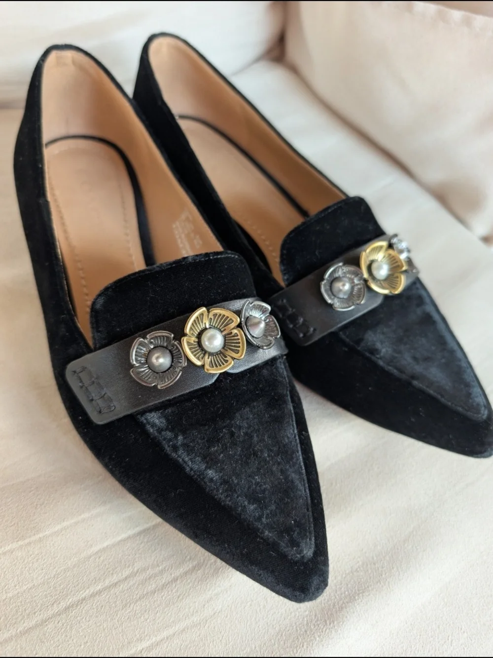 Coach Black Velvet Pointed Loafers with Floral Metal Embellishment Women's 8